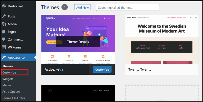 click on Customize to access the Theme Customizer